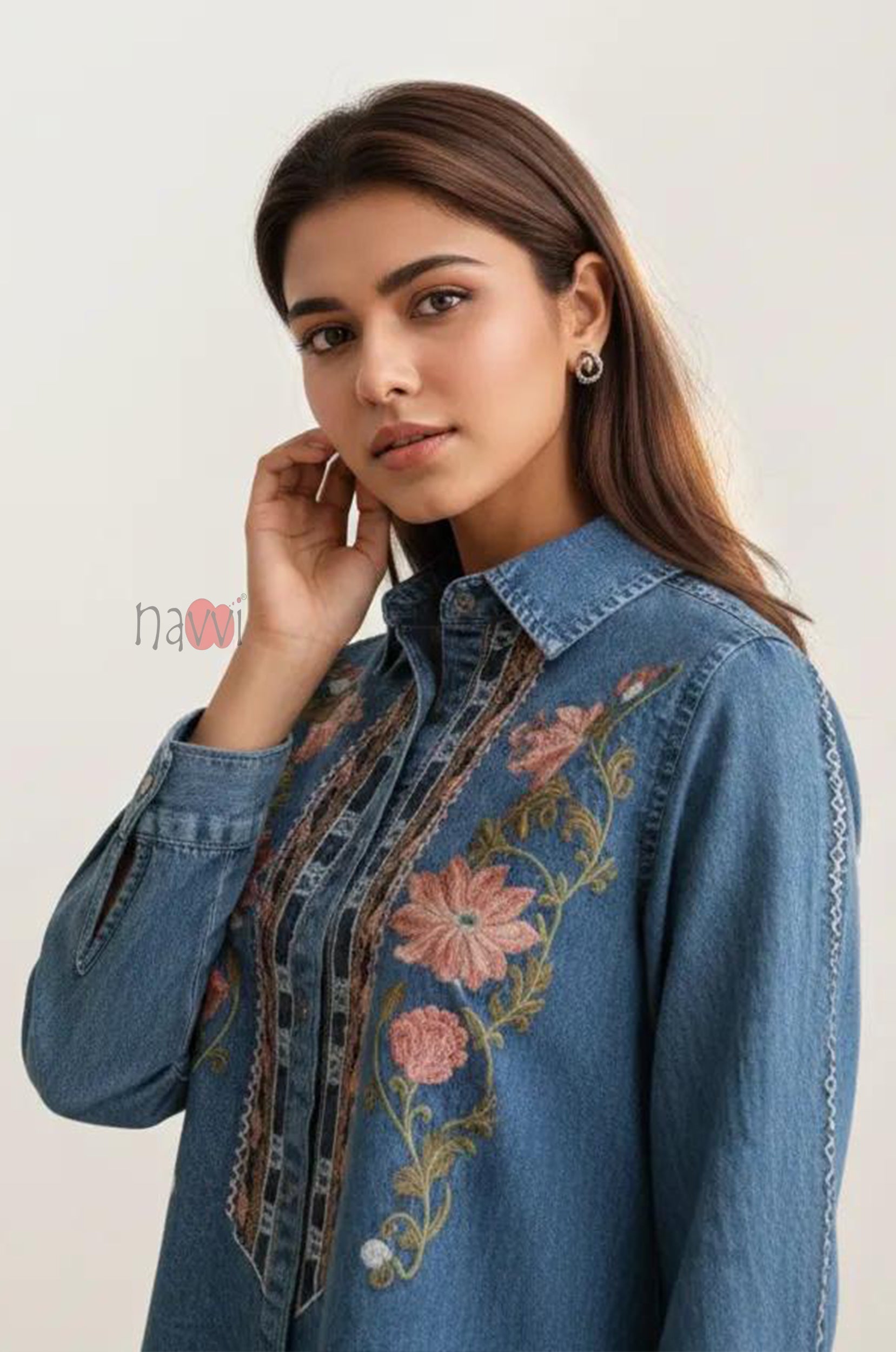 Indigo Bloom Embroidered Denim Shirt Top