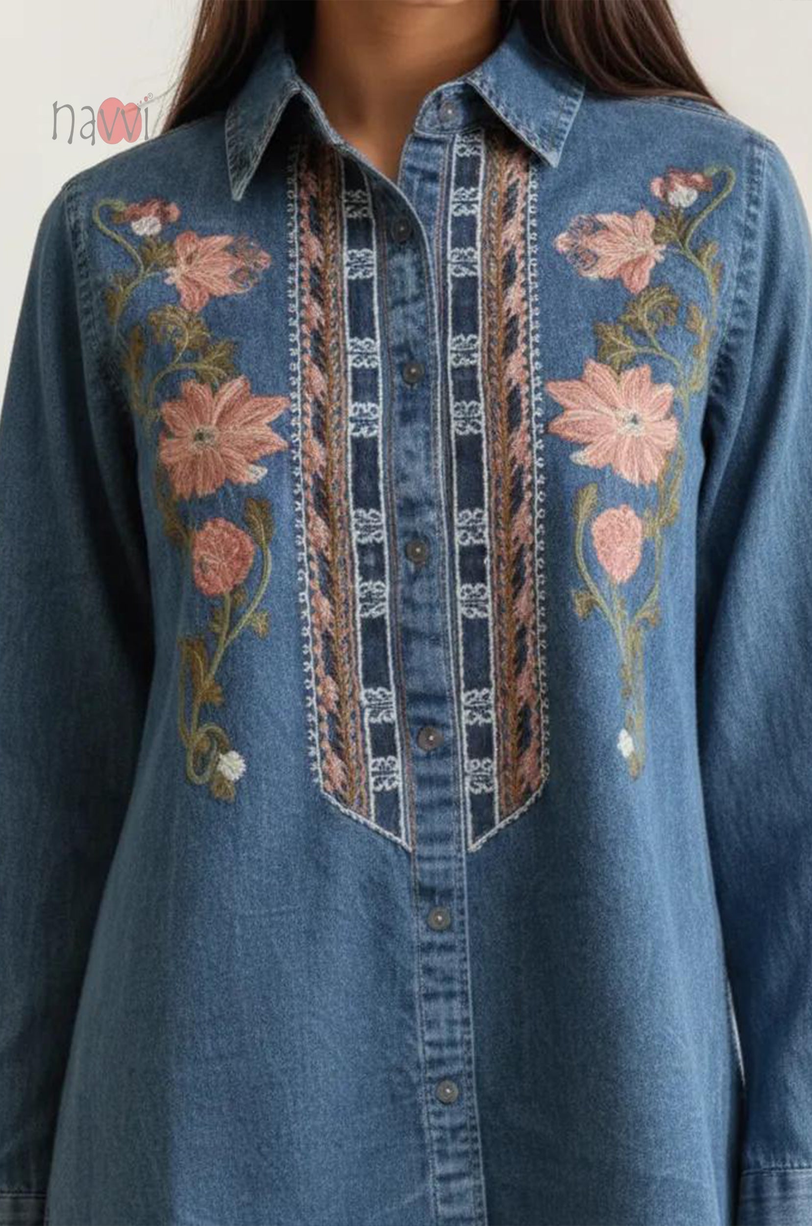 Indigo Bloom Embroidered Denim Shirt Top