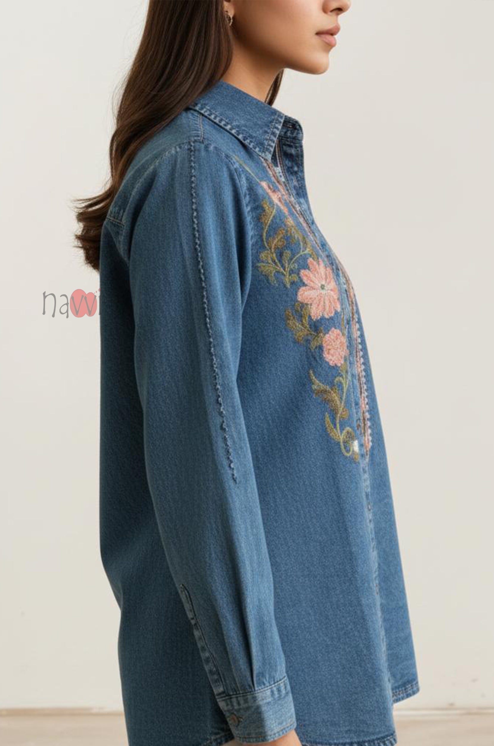 Indigo Bloom Embroidered Denim Shirt Top