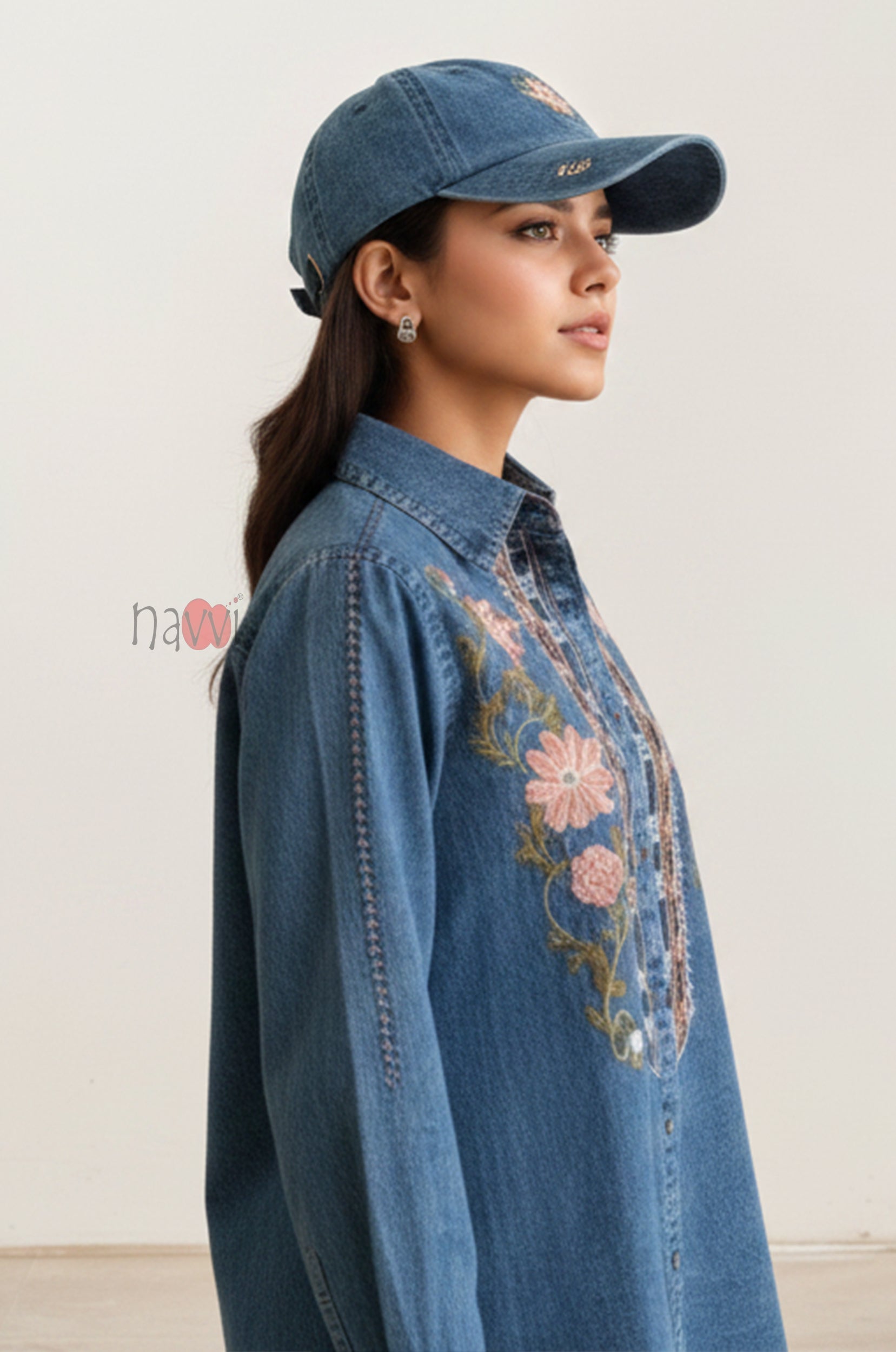 Indigo Bloom Embroidered Denim Shirt Top