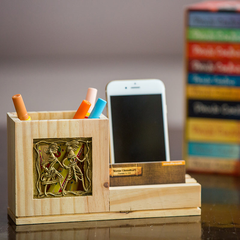 Pine Wood Pen Stand With Card & Mobile Holder - Navvi Lifestyle