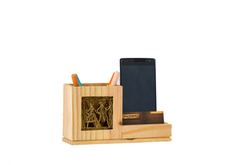 Pine Wood Pen Stand With Card & Mobile Holder - Navvi Lifestyle