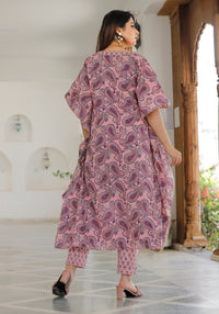 Rose Pink Hand Block Printed Kaftan Set