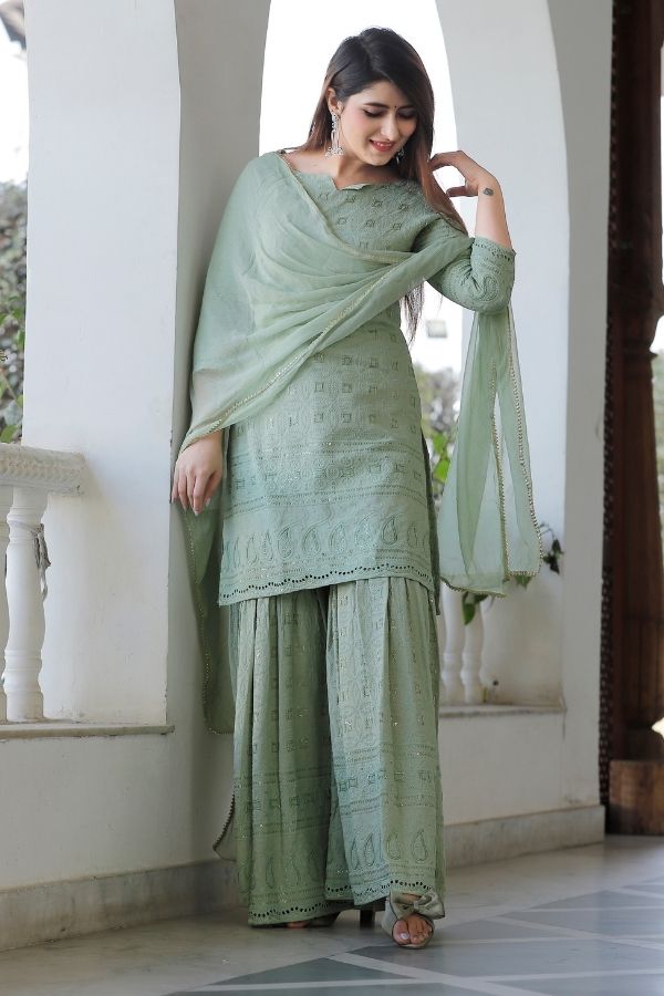 Green Chikankari Cotton Palazzo Set