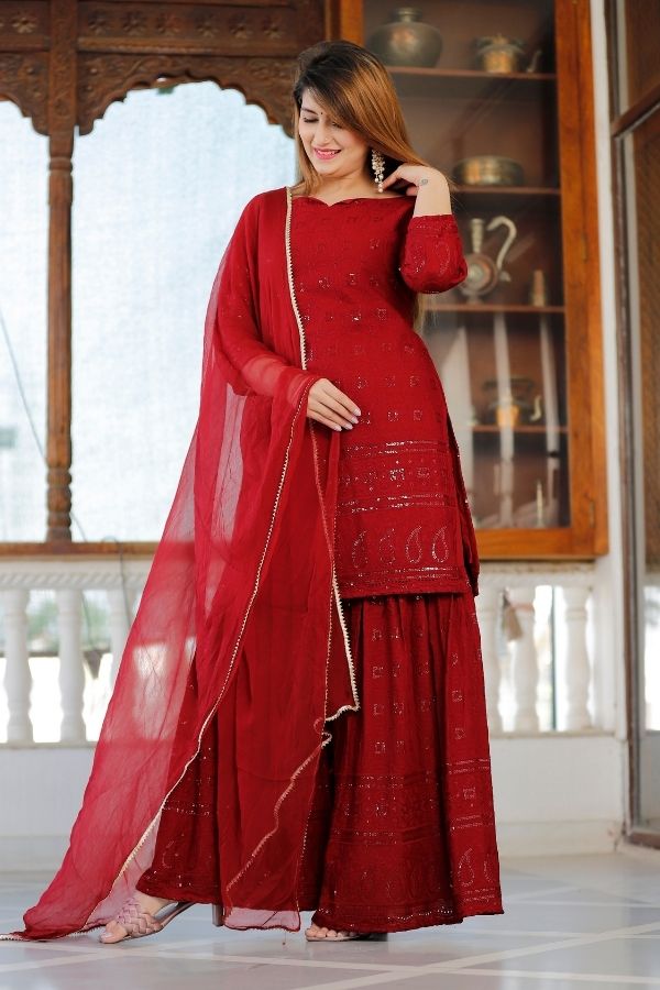 Breathtaking Maroon Viscose Georgette Partywear Palazzo Suit: Dresses for  Women - Inddus. | Clothes for women, Clothes design, Fashion