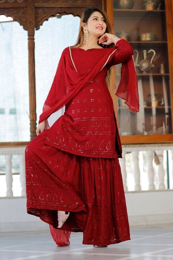 Buy Festival Wear Red Chikankari Pure Cotton Phulkari Suit Online From  Surat Wholesale Shop.