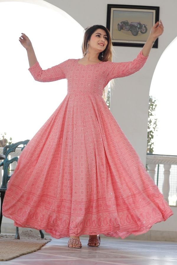Glittering Light Pink Colour Embroidery Worked Ruffle Designer Palazzo Suit  – Kaleendi