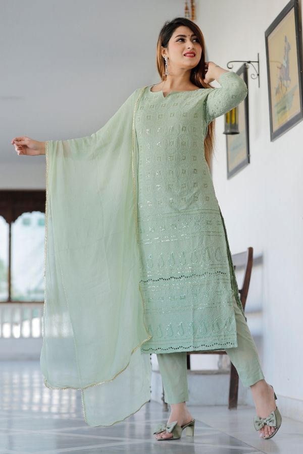 Green Chikankari Cotton Pant Set - Navvi.in