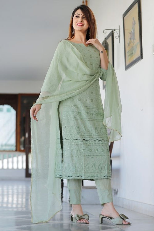 Green Chikankari Cotton Pant Set - Navvi.in
