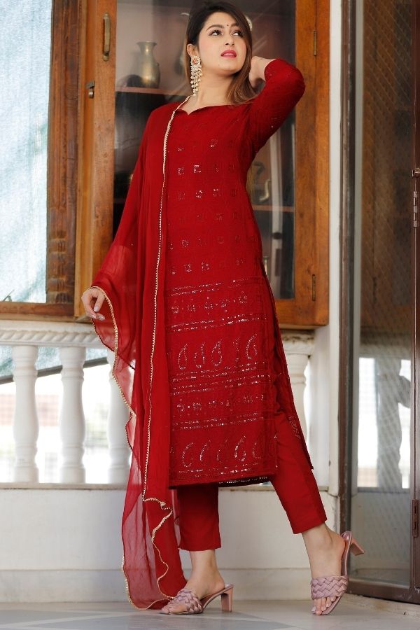 Buy Strappy Red Chikankari Kurta Garara Set for Women - by Nibs Tog