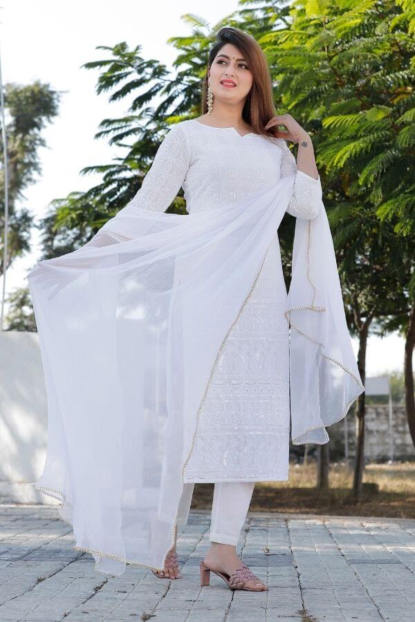 White Chikankari Kuta Full Set