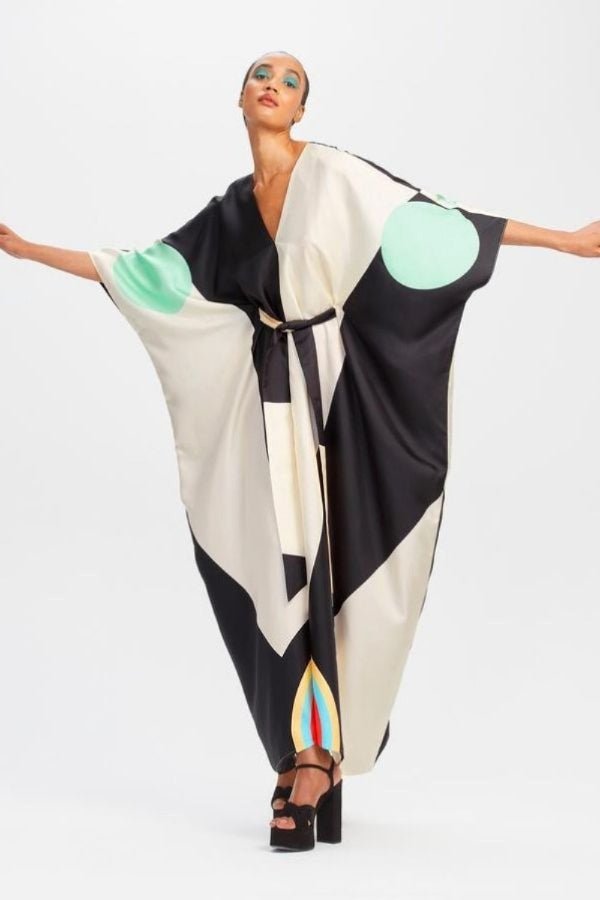 Belted Satin Silk Kaftan Dress - Navvi.in