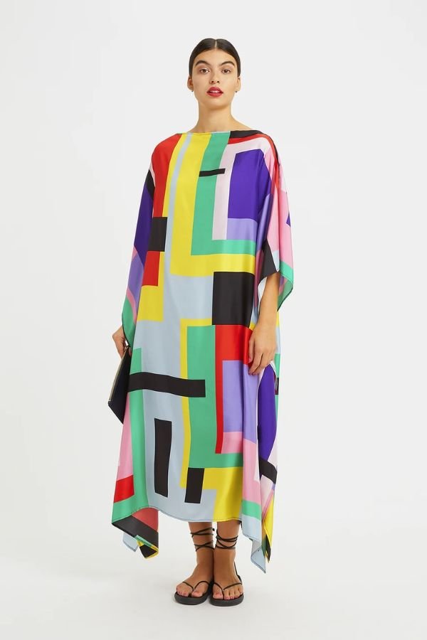 Colourblock Satin Silk Kaftan Dress - Navvi.in