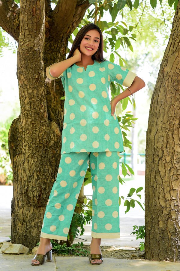 Green Big Polka Loungewear Set - Navvi.in