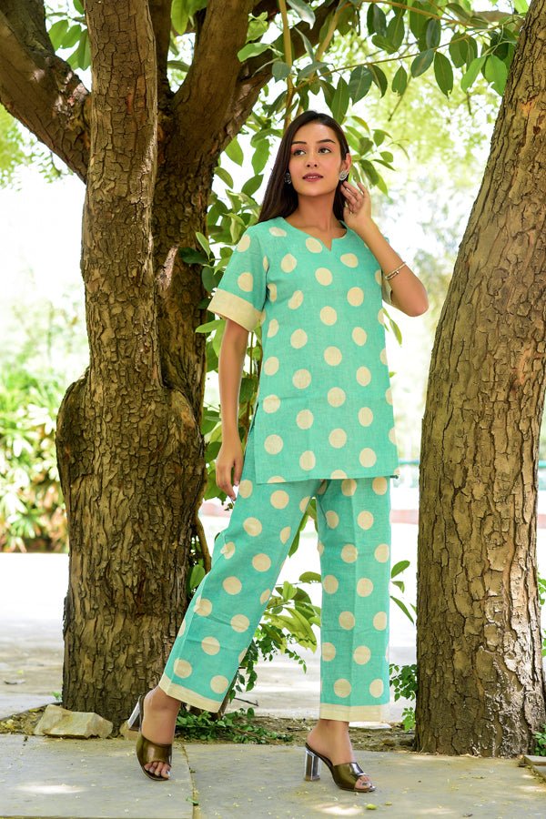 Green Big Polka Loungewear Set - Navvi.in