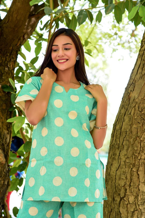 Green Big Polka Loungewear Set - Navvi.in