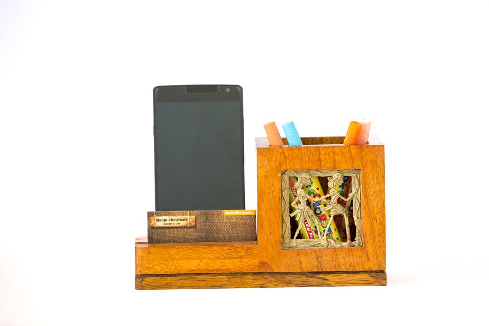 Mango Wood Pen Stand With Card & Mobile Holder - Navvi Lifestyle