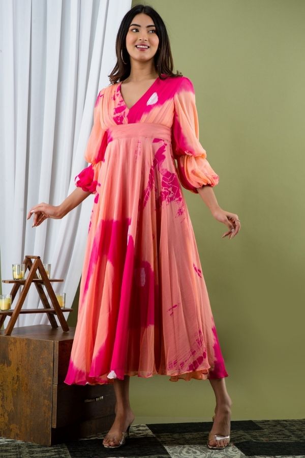 Pink & Peach Shibori Dress - Navvi.in