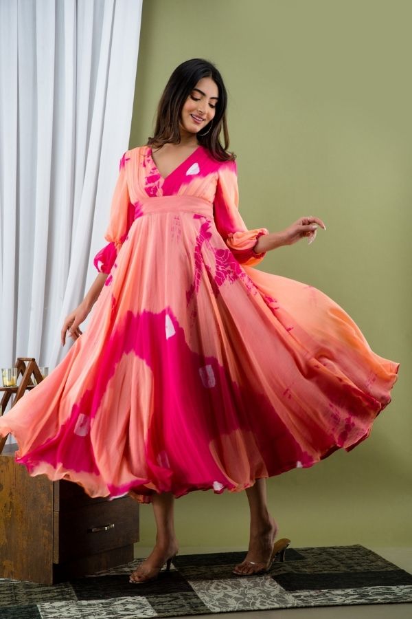 Pink & Peach Shibori Dress - Navvi.in