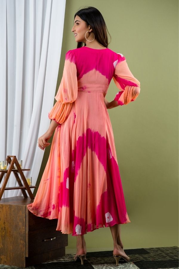 Pink & Peach Shibori Dress - Navvi.in
