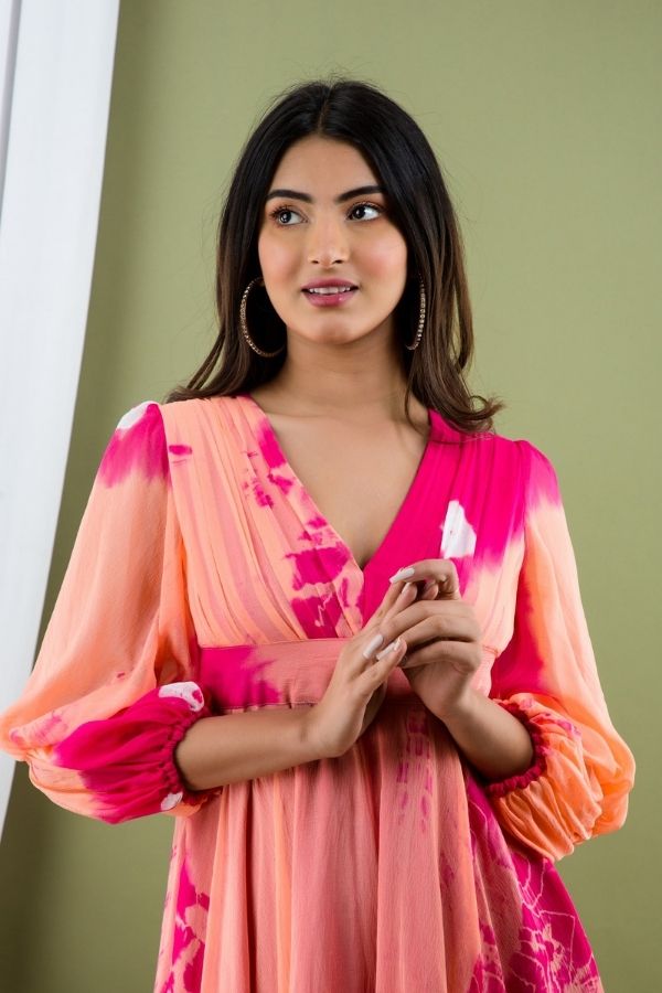 Pink & Peach Shibori Dress - Navvi.in