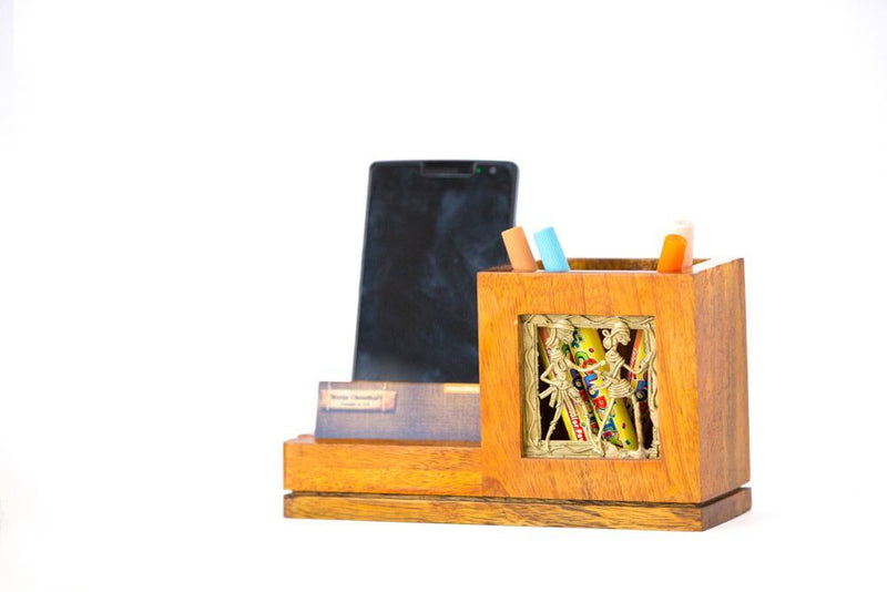 Mango Wood Pen Stand With Card & Mobile Holder - Navvi Lifestyle